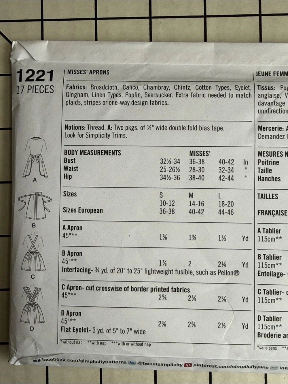 Simplicity 1221 1940s Vintage Apron Sewing Pattern S-L Uncut Factory Folded OOP
